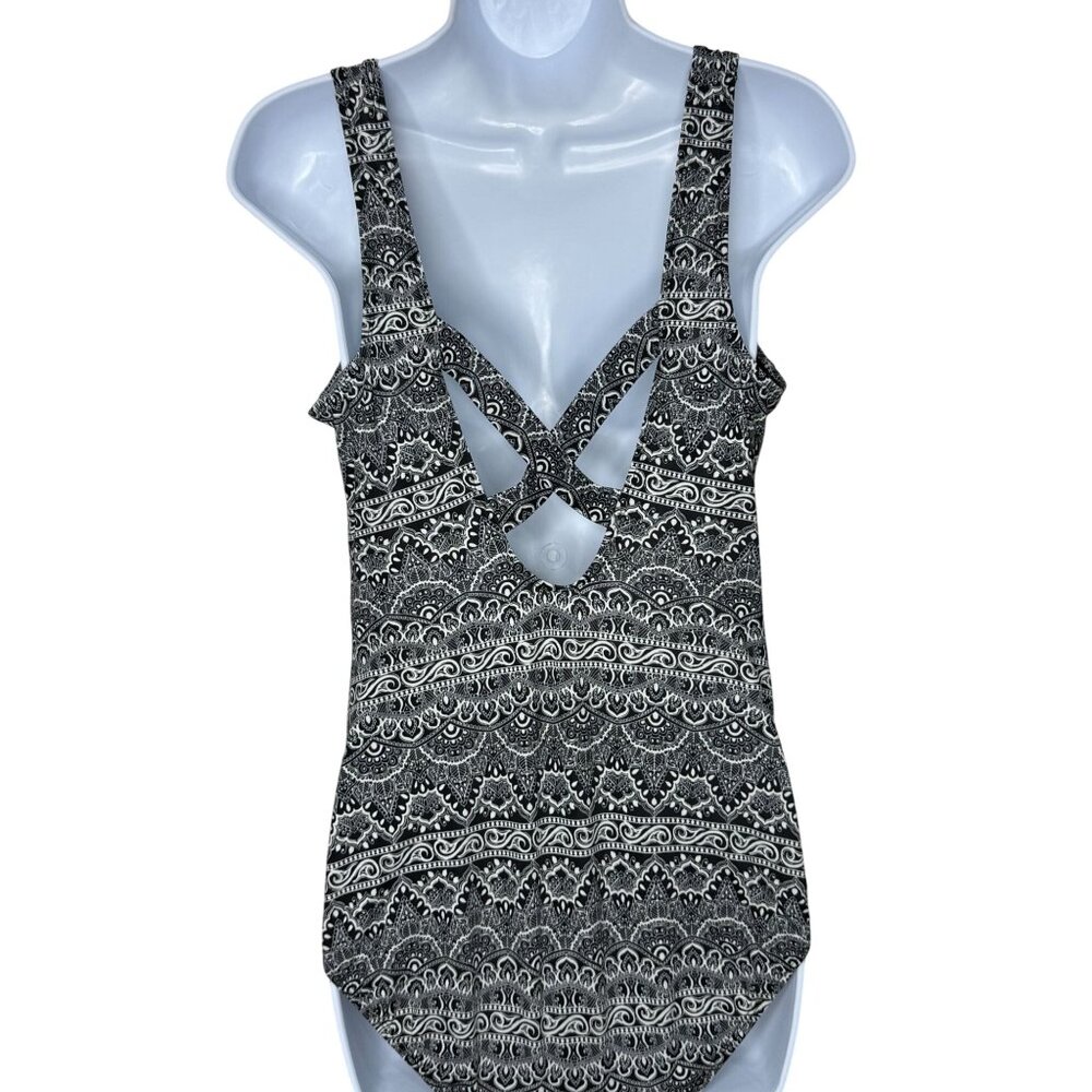 Vintage Robby Len One-Piece Swimsuit Criss Cross Back Black White Print Size 14 - Picture 9 of 10